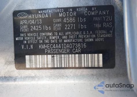 2013 Hyundai Sonata Hybrid z USA, uszkodzony, nr VIN KMHEC4A41DA073816